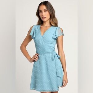 Lulus Light Blue Swiss Dot Wrap Dress with Flutter Sleeves